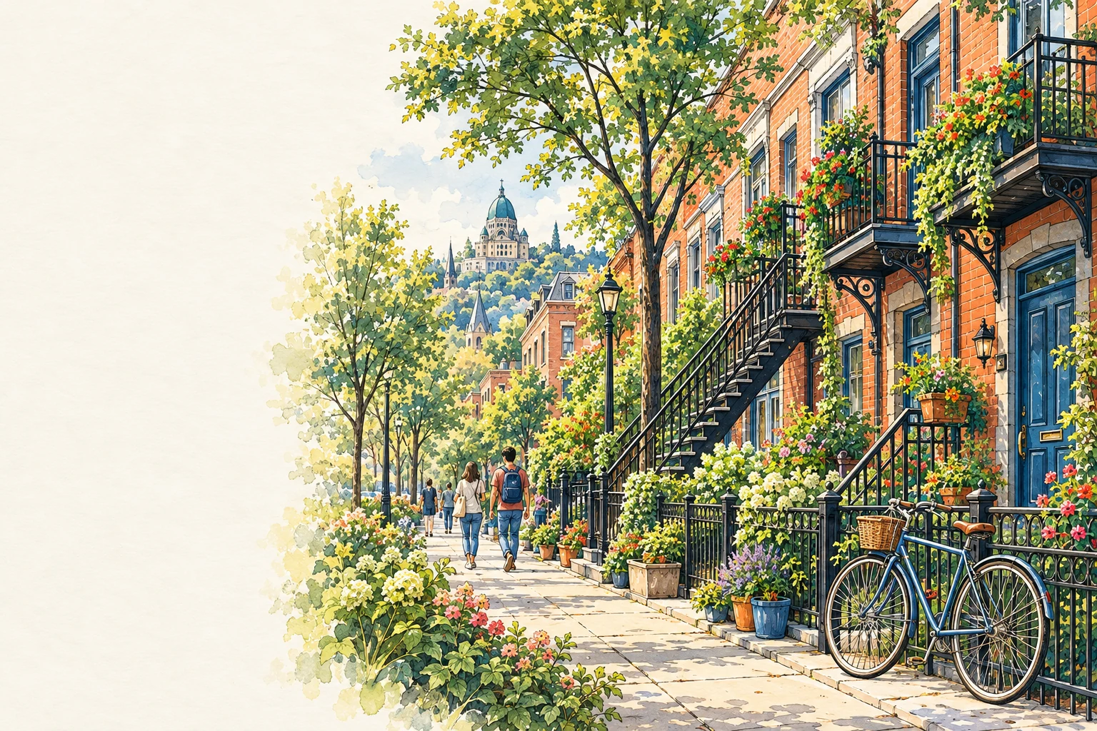 Illustration d’une rue montréalaise, avec ses escaliers extérieurs et ses façades de briques
