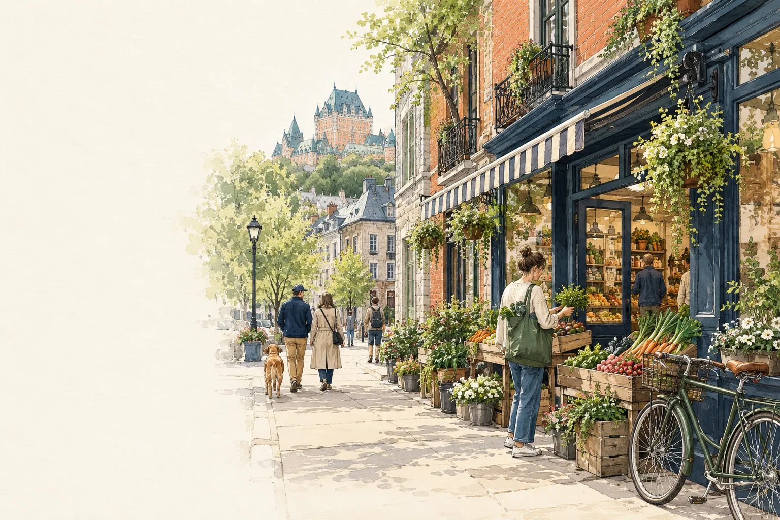 Illustration d’une épicerie et de la vie de quartier au Québec